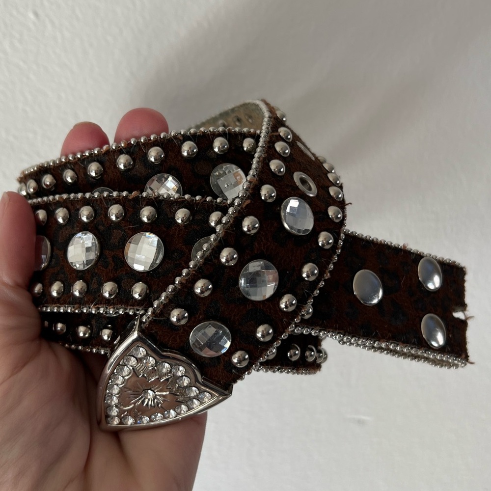 Leather Leopard Print Rhinestone‎ Silver Metal Western Studded Belt